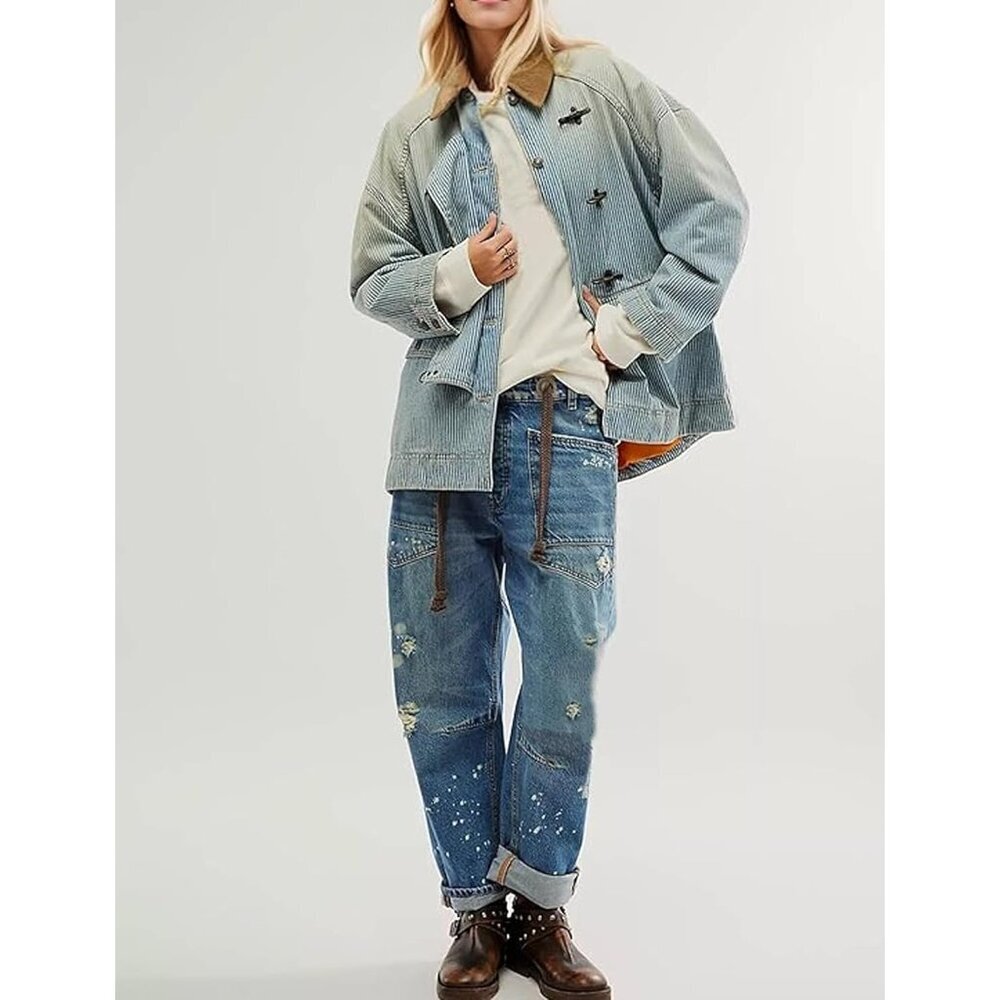 Women Baggy Barrel Jeans Cotton-Polyester Vintage Wide Leg Drawstring - Picture 3 of 6
